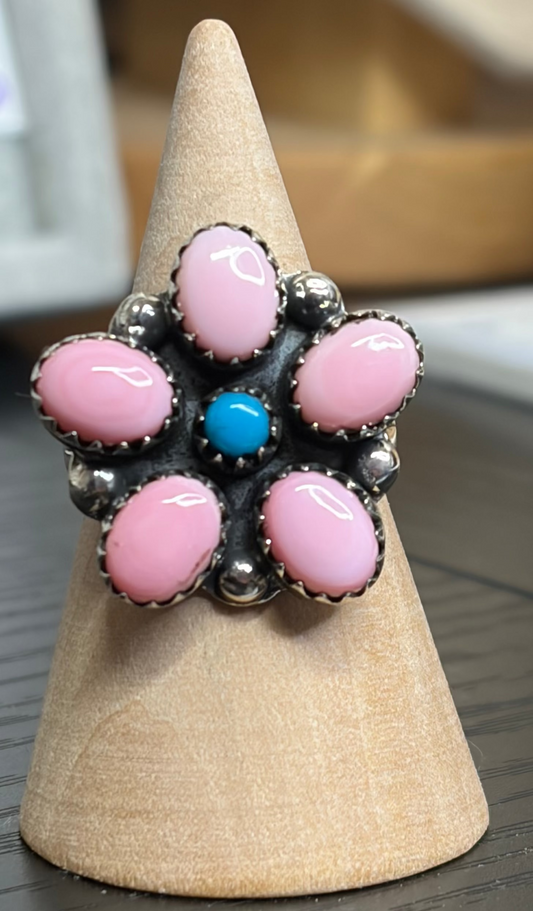 Handcrafted Pink Conch & Kingman Turquoise Cluster Ring - size 8.5