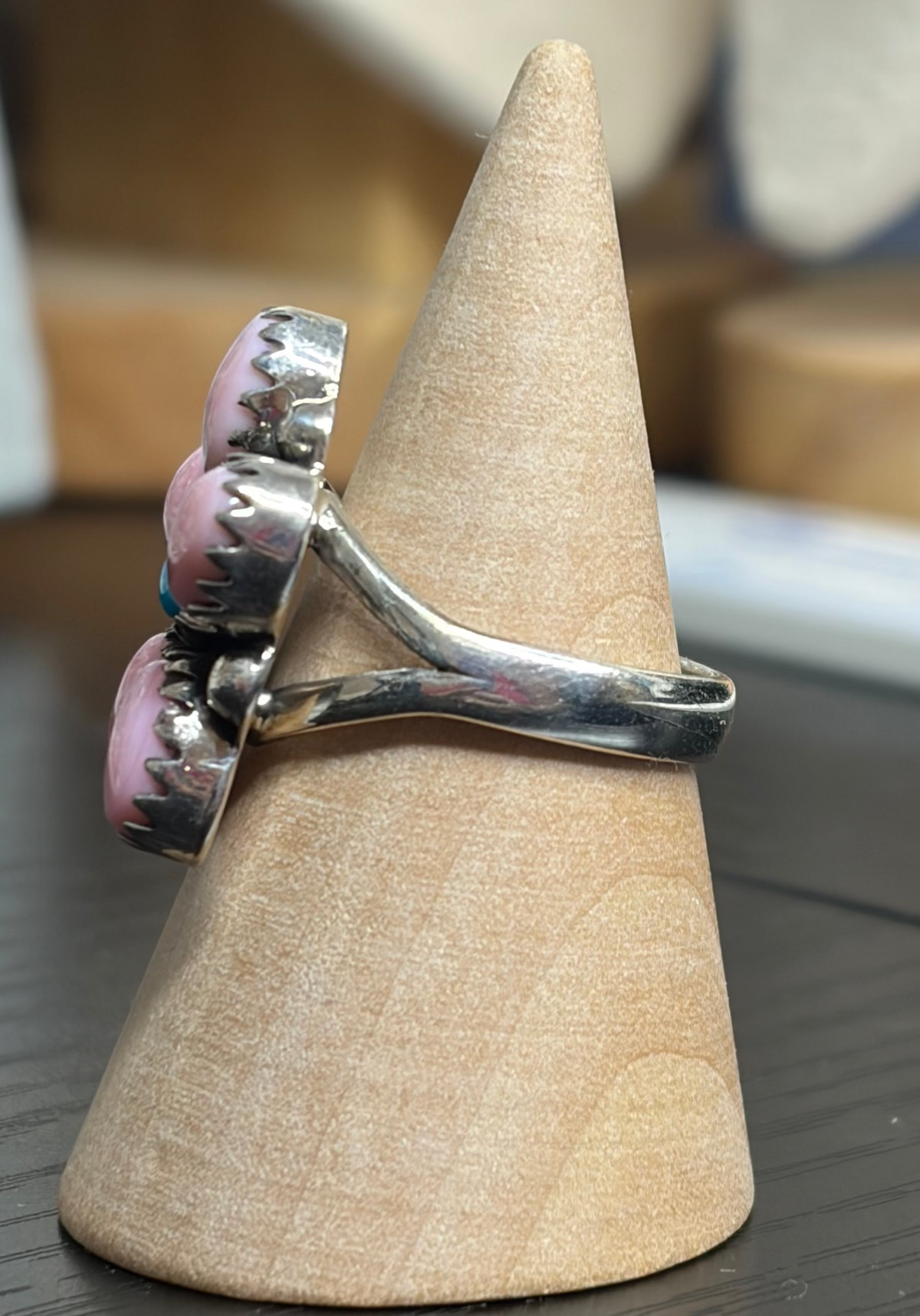 Handcrafted Pink Conch & Kingman Turquoise Cluster Ring - size 8.5