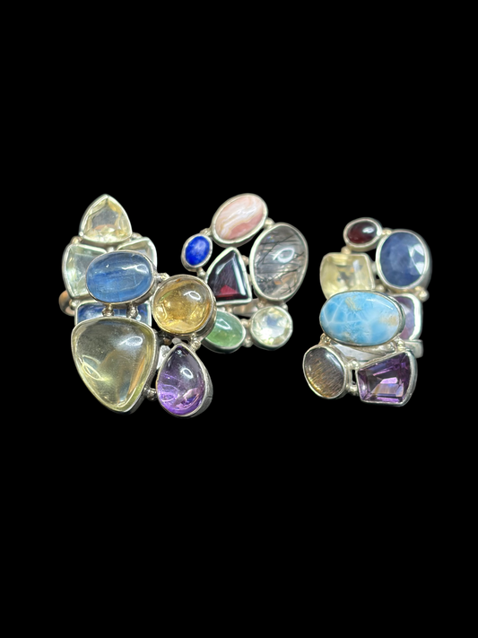 Multi-Gemstone Sterling Silver Rings - Adjustable