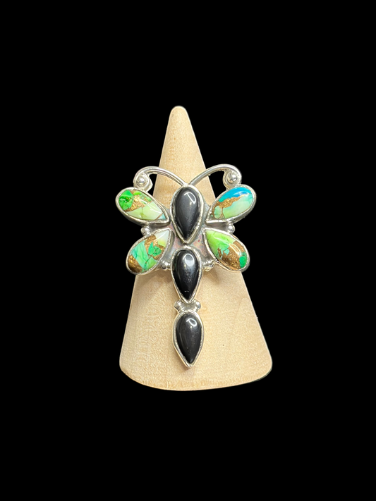 Peacock Dahlia & Black Onyx Dragonfly Ring - Adjustable