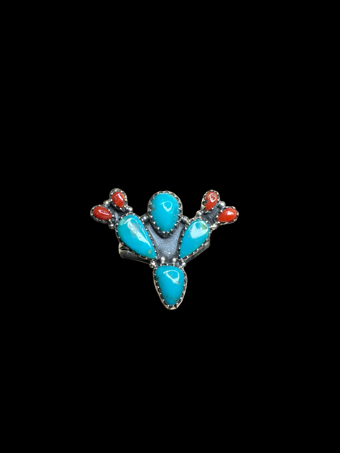 Kingman Turquoise, Coral, Pink Queen Conch Sterling Silver Cactus Rings