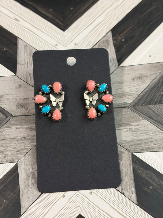 Handcrafted Pink Conch & Kingman Butterfly Cluster Earrings