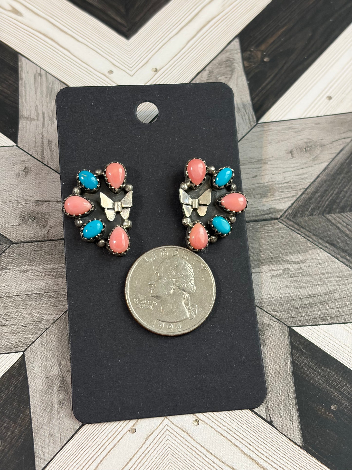 Handcrafted Pink Conch & Kingman Butterfly Cluster Earrings