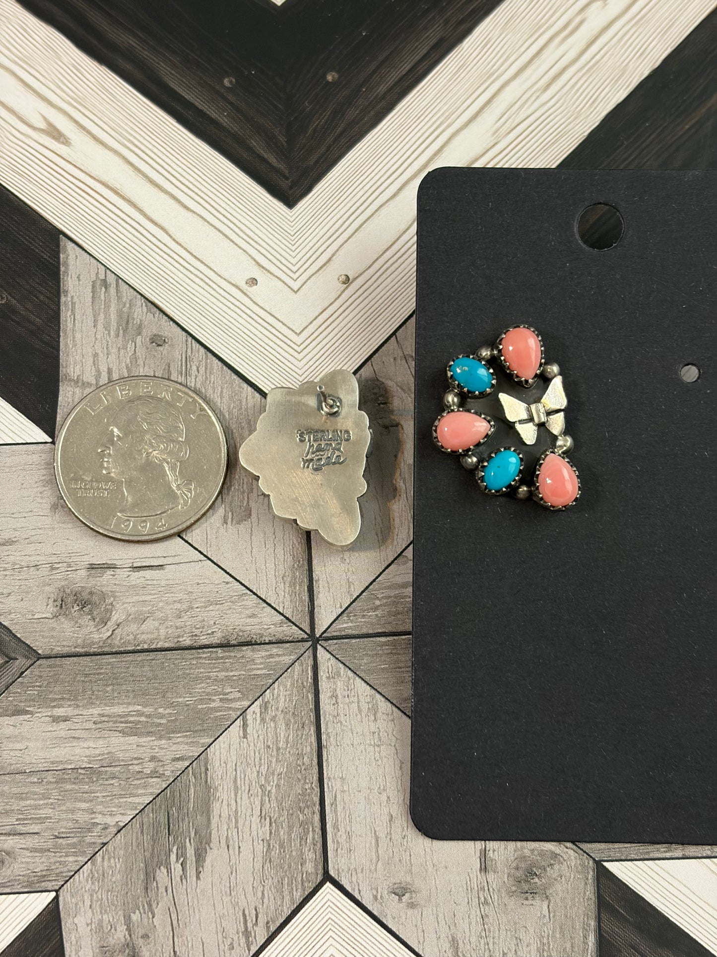 Handcrafted Pink Conch & Kingman Butterfly Cluster Earrings