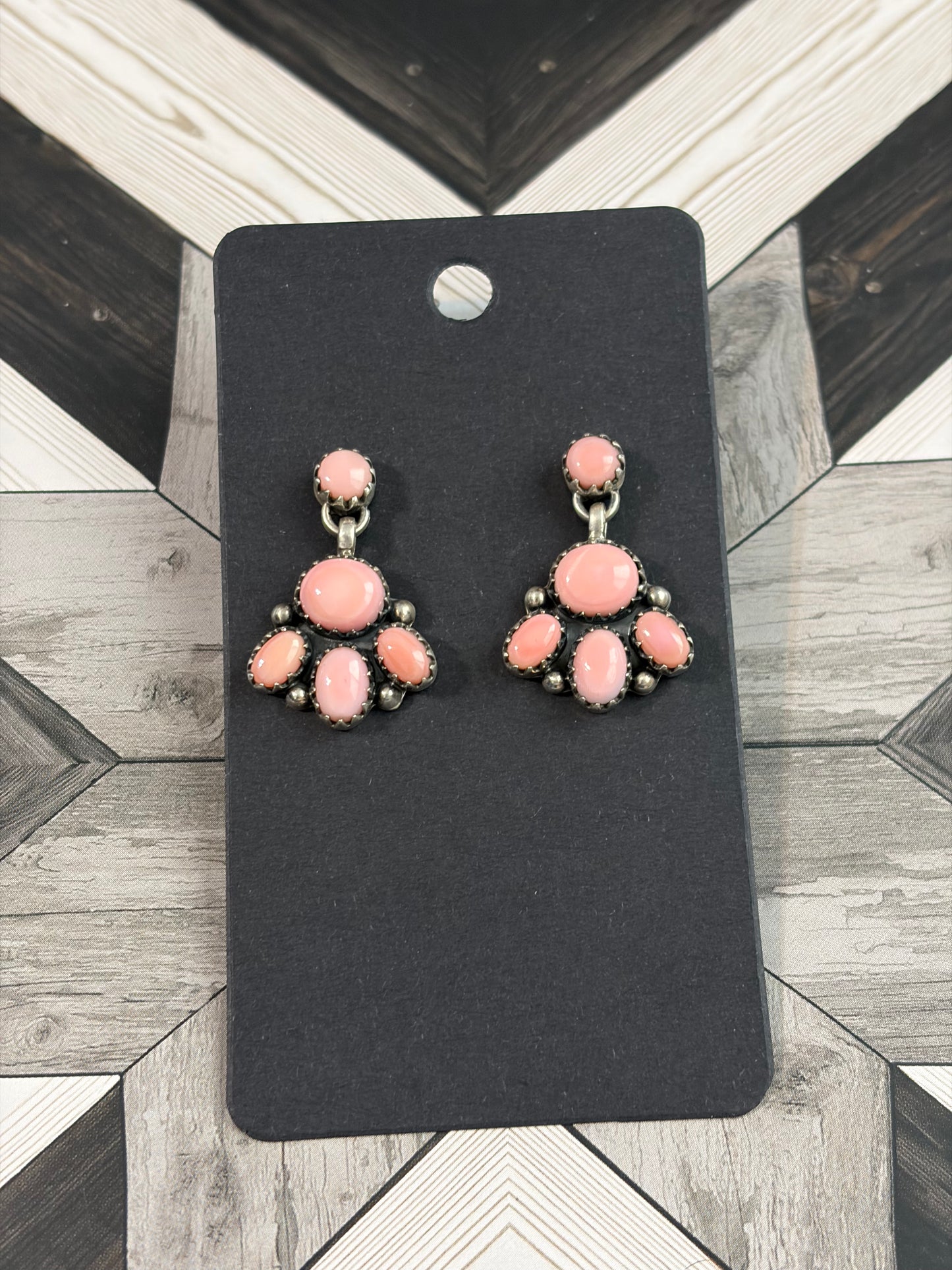 Handcrafted Pink Conch Post Dangle Cluster Earrings