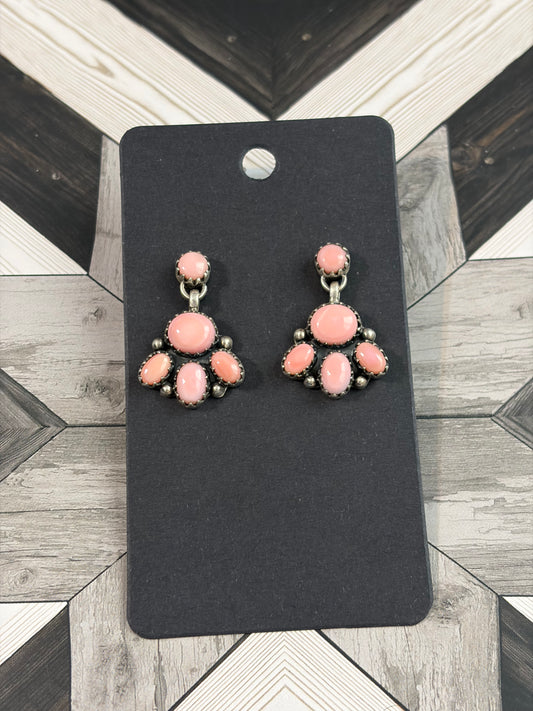Handcrafted Pink Conch Post Dangle Cluster Earrings
