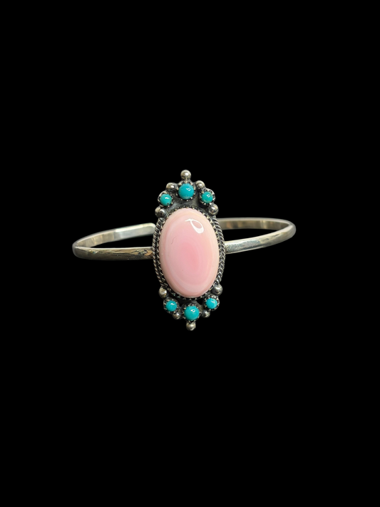 Handcrafted Pink Conch & Kingman Turquoise Cuff Bracelet