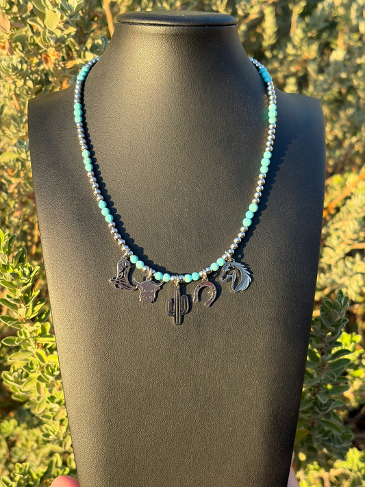 Desert Steel & Turquoise Charm Necklace