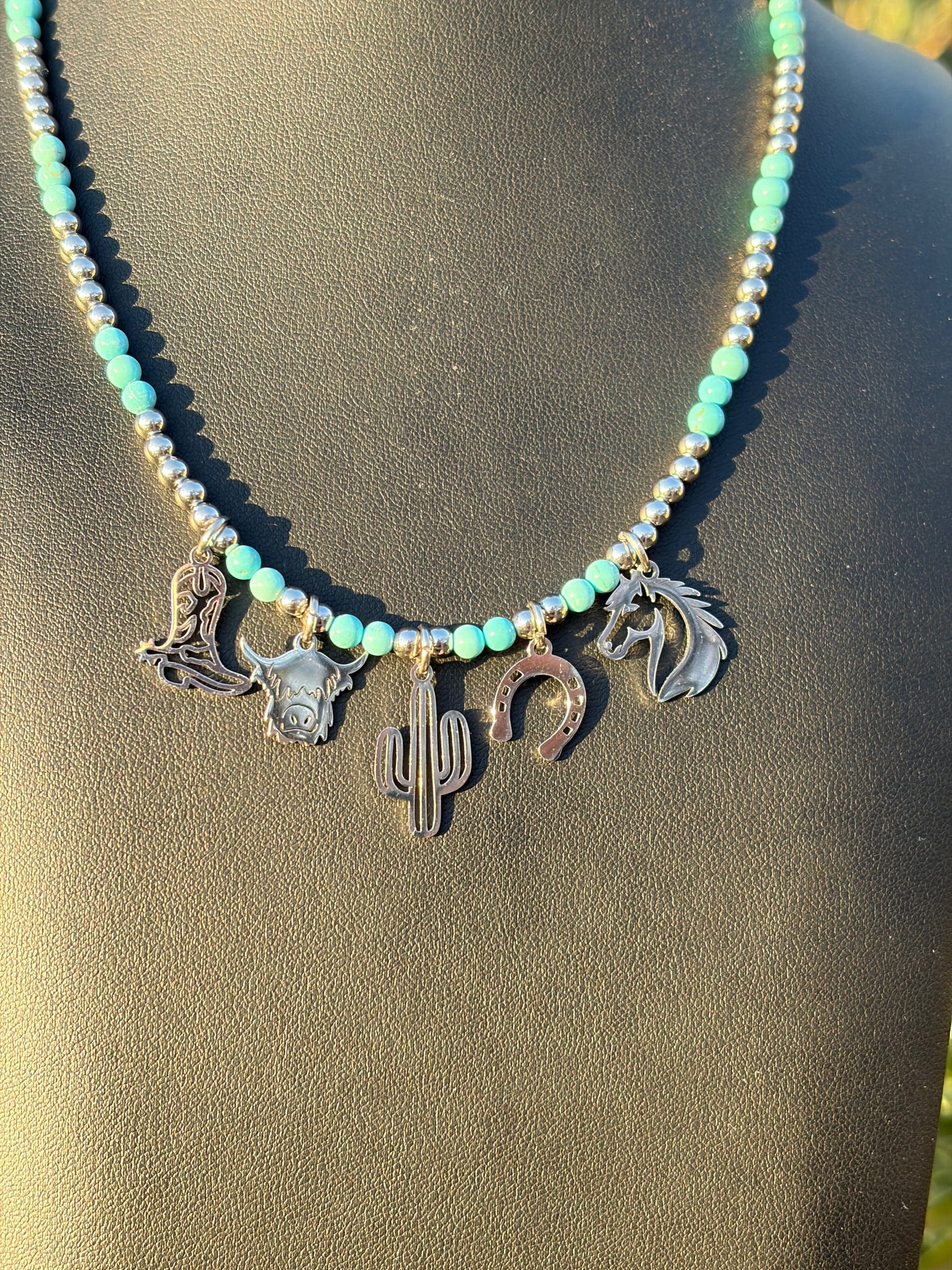 Desert Steel & Turquoise Charm Necklace