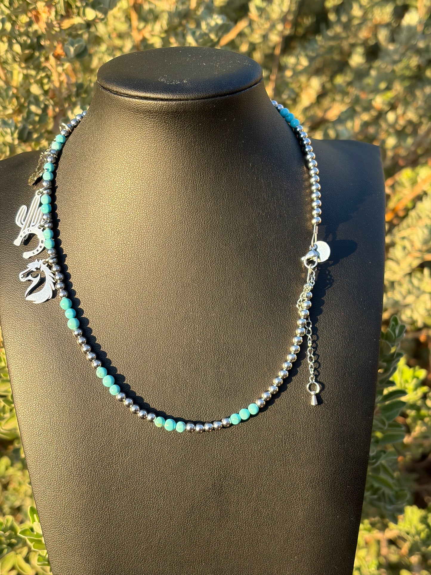Desert Steel & Turquoise Charm Necklace