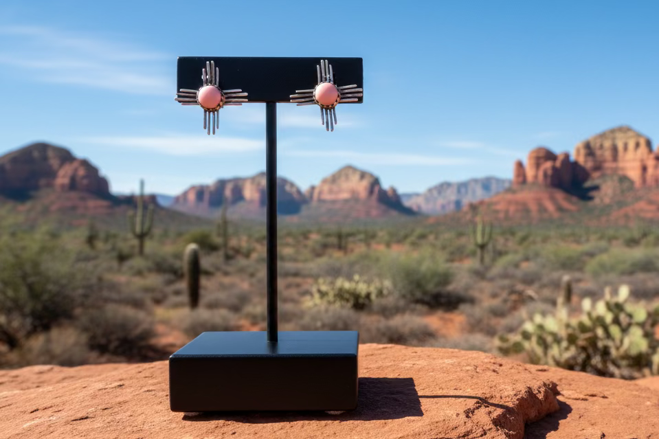 Handcrafted Pink Conch Zia Stud Earrings