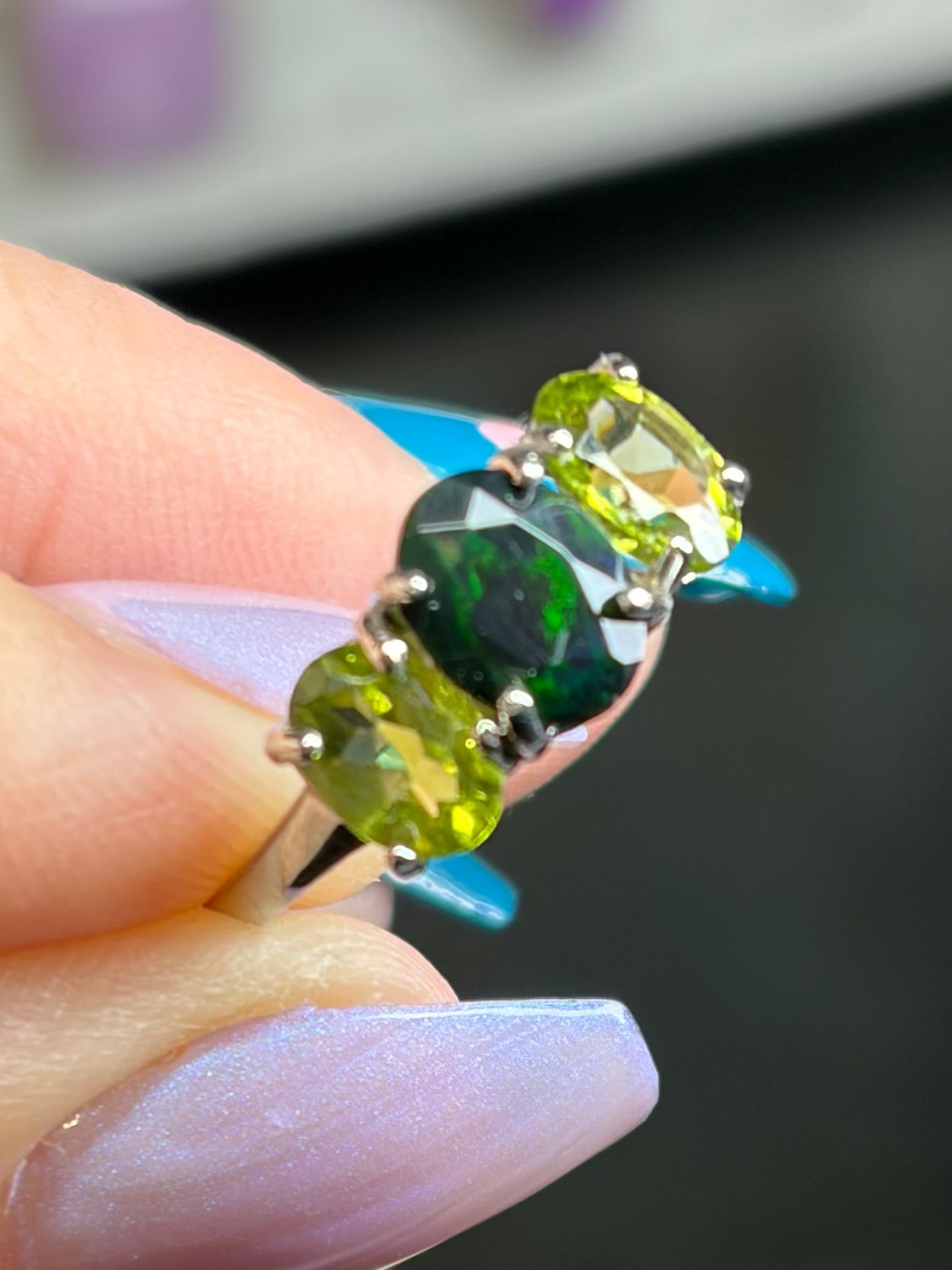 Black Ethiopian Fire Opal & Peridot Ring - size 7.5