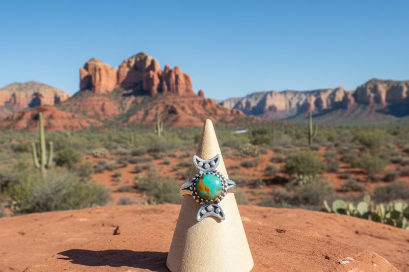 Handcrafted Crescent Moon Kingman Turquoise Ring - size 7
