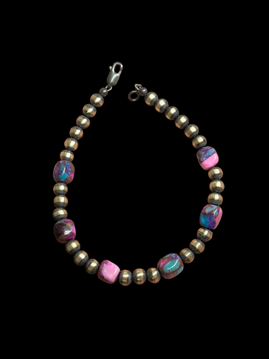 Machine Made Pearl & Pink Dahlia Bracelet - 7.5”