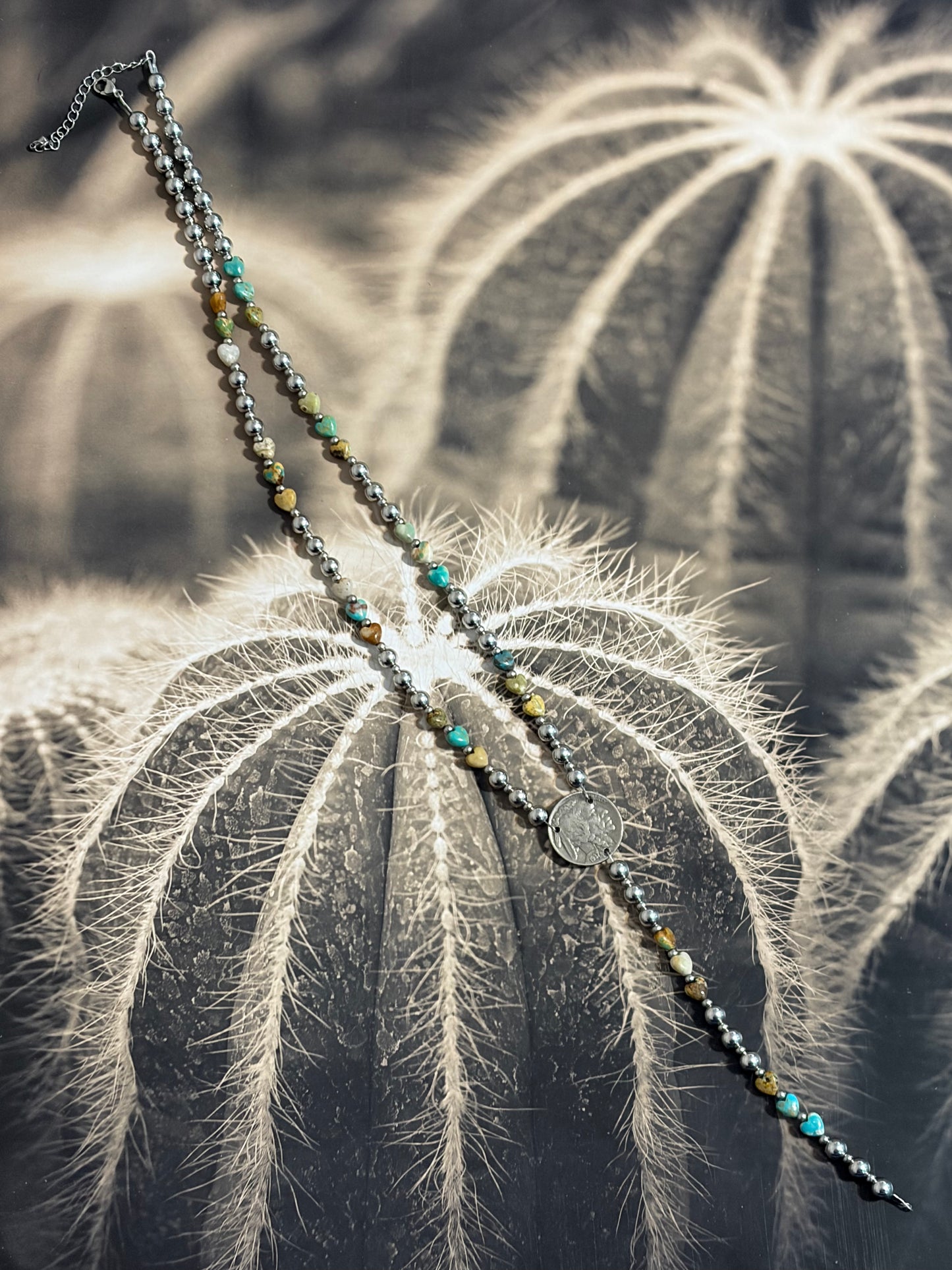 Desert Steel Turquoise Heart Buffalo Lariat Necklace