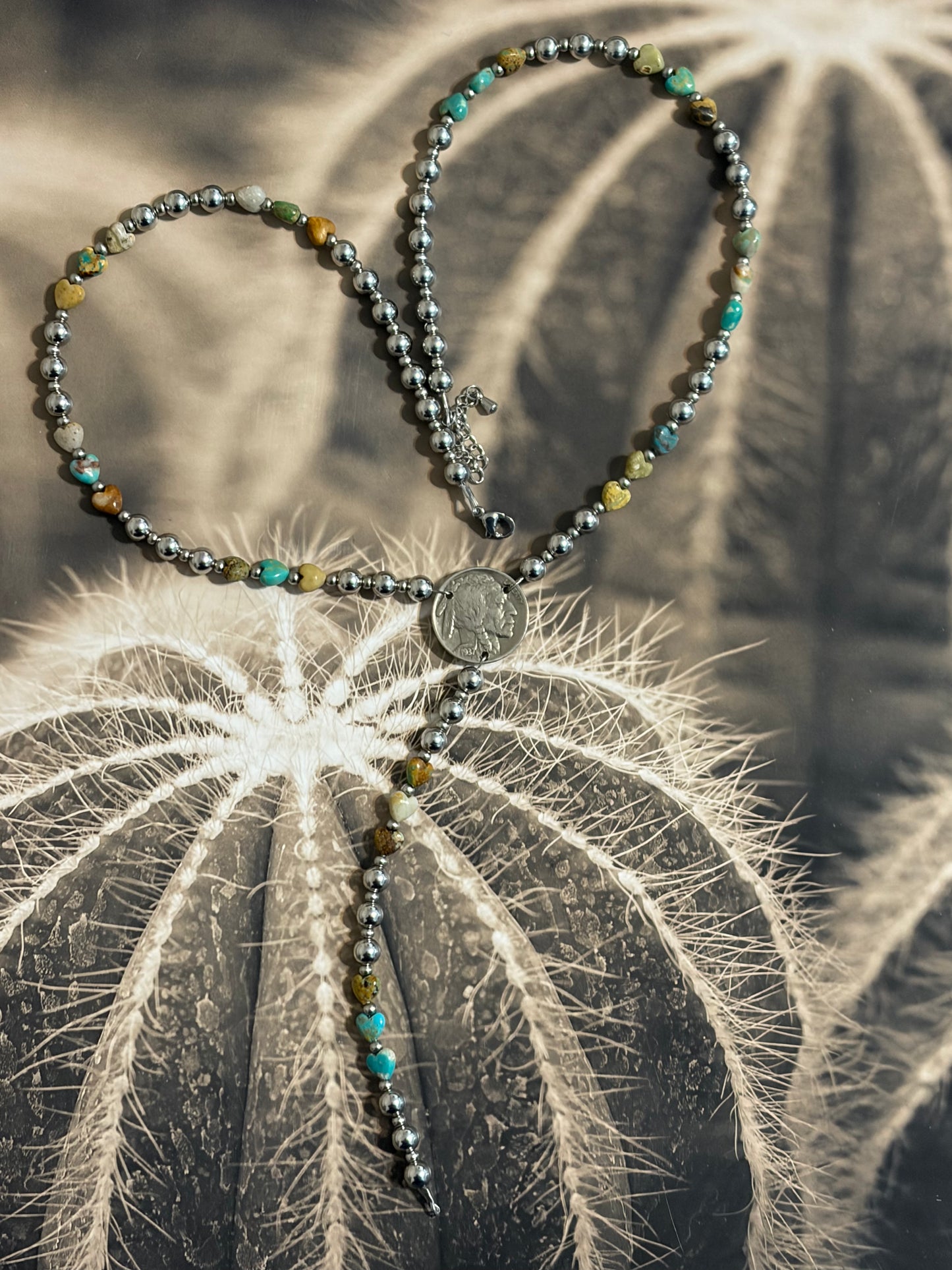 Desert Steel Turquoise Heart Buffalo Lariat Necklace
