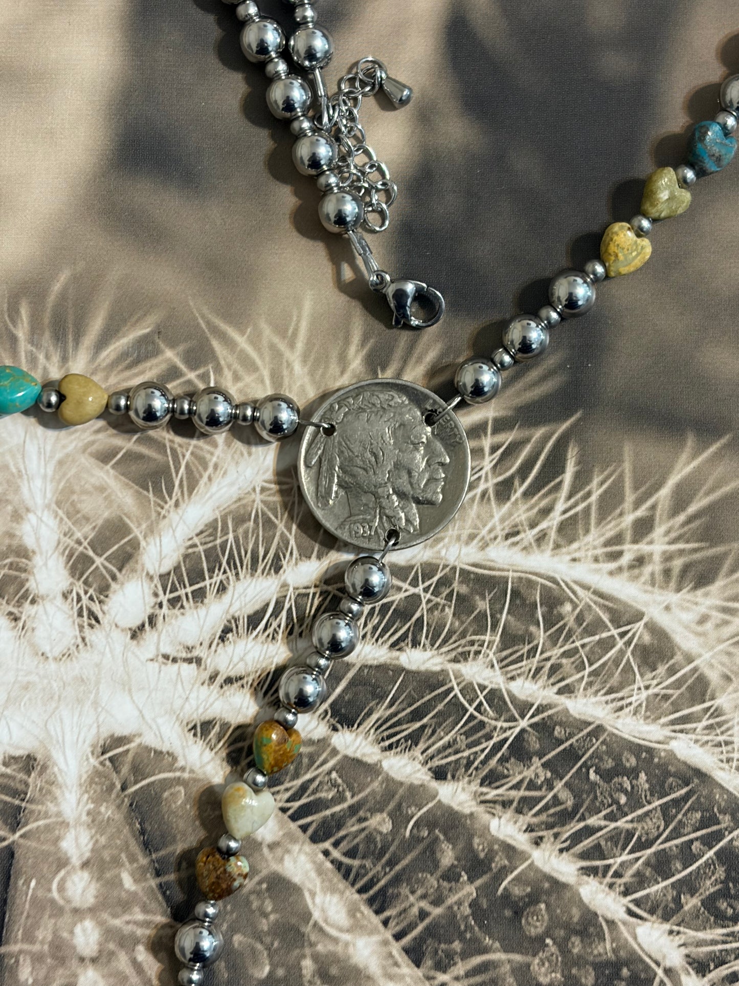 Desert Steel Turquoise Heart Buffalo Lariat Necklace
