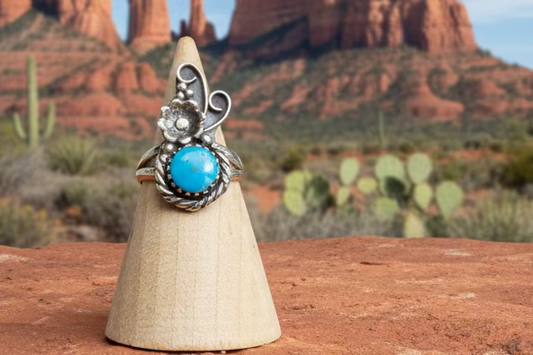 Handcrafted Kingman Turquoise Ring With Flowers- size 6