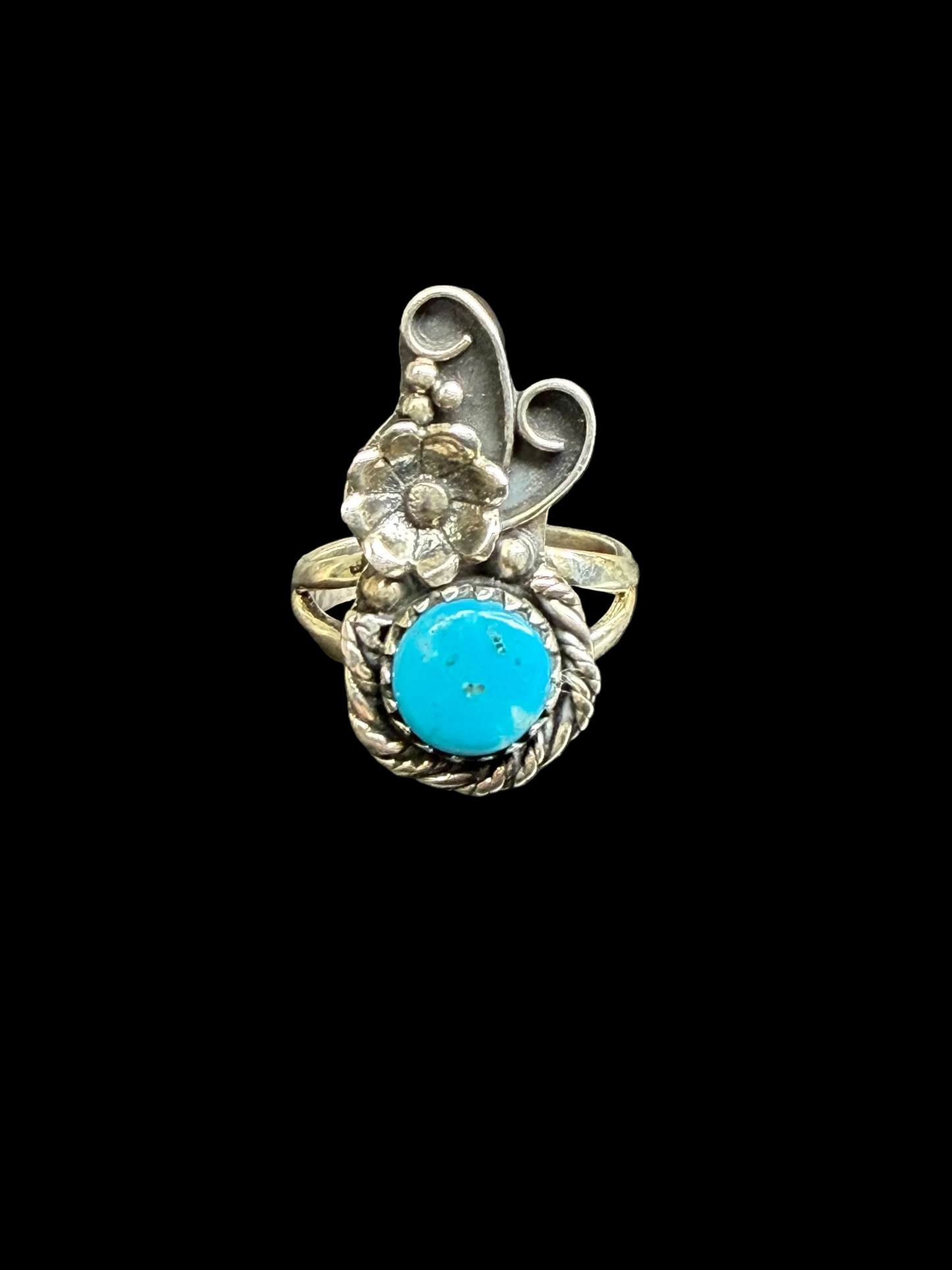 Handcrafted Kingman Turquoise Ring With Flowers- size 6