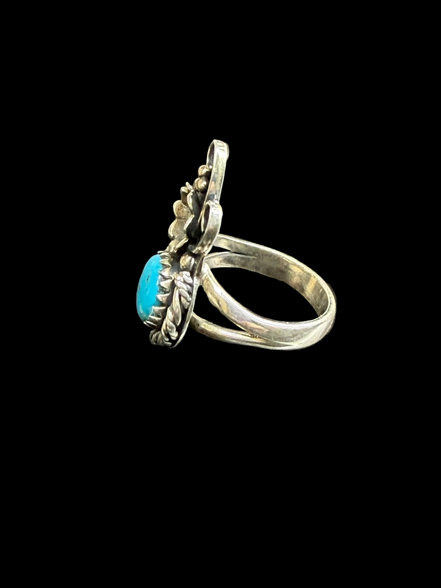 Handcrafted Kingman Turquoise Ring With Flowers- size 6