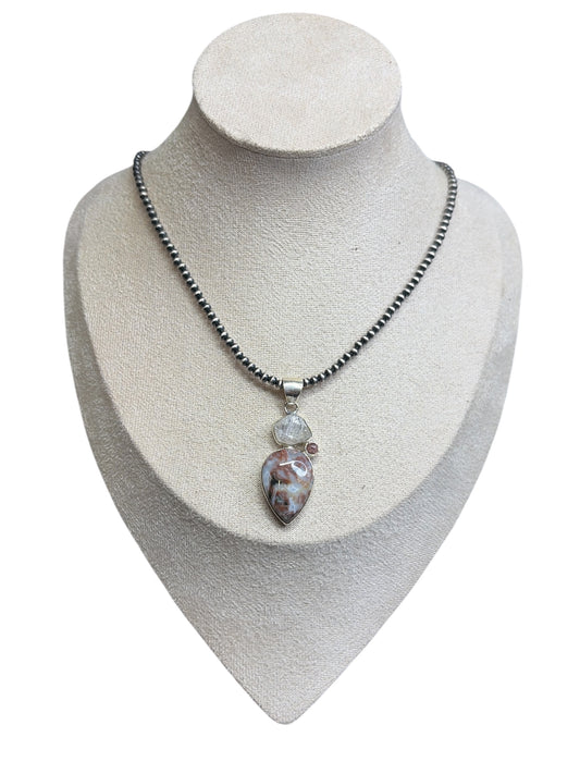 Crazy Lace Agate, Herkimer Diamond, Tourmaline Pendant
