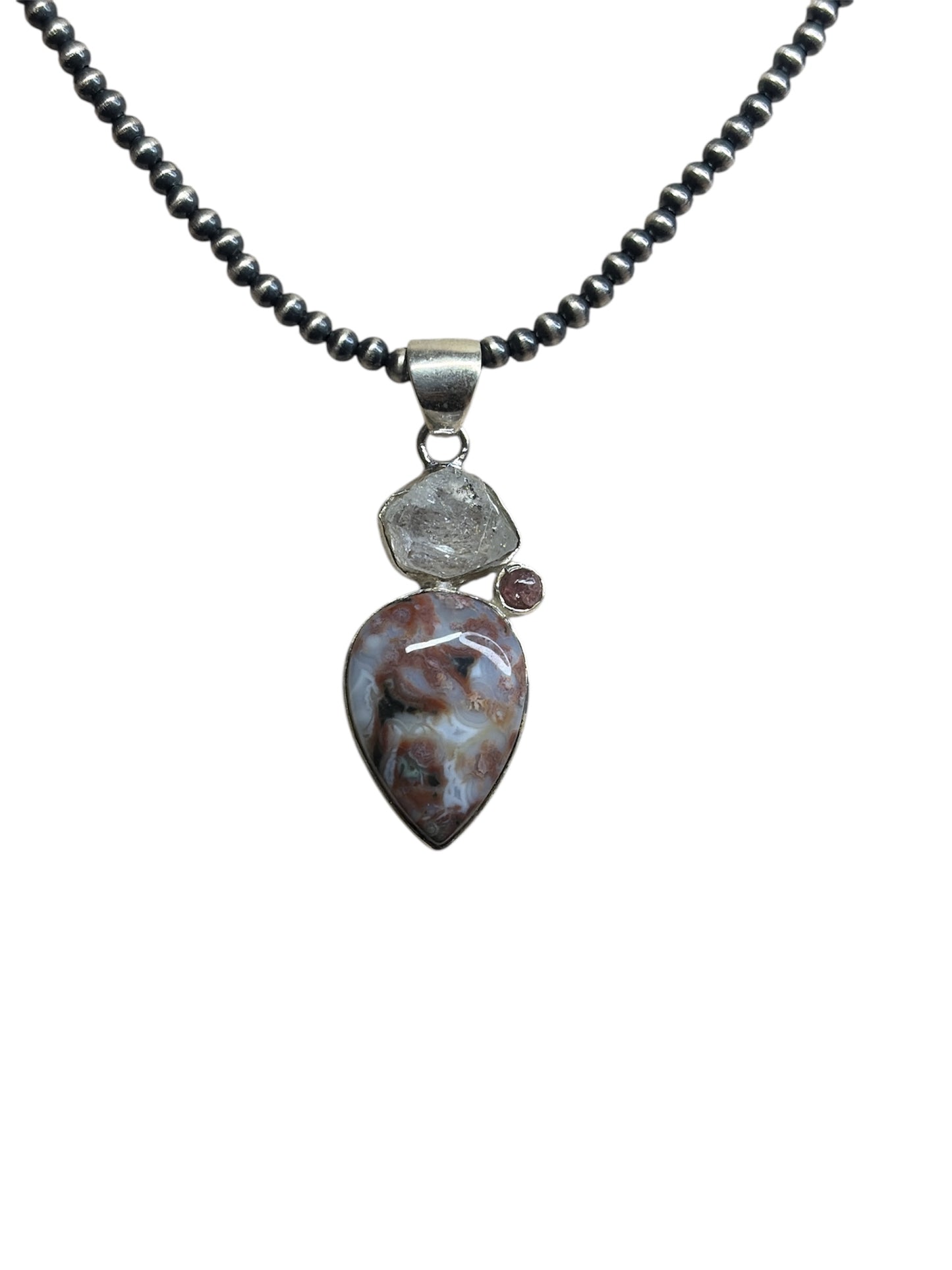 Crazy Lace Agate, Herkimer Diamond, Tourmaline Pendant