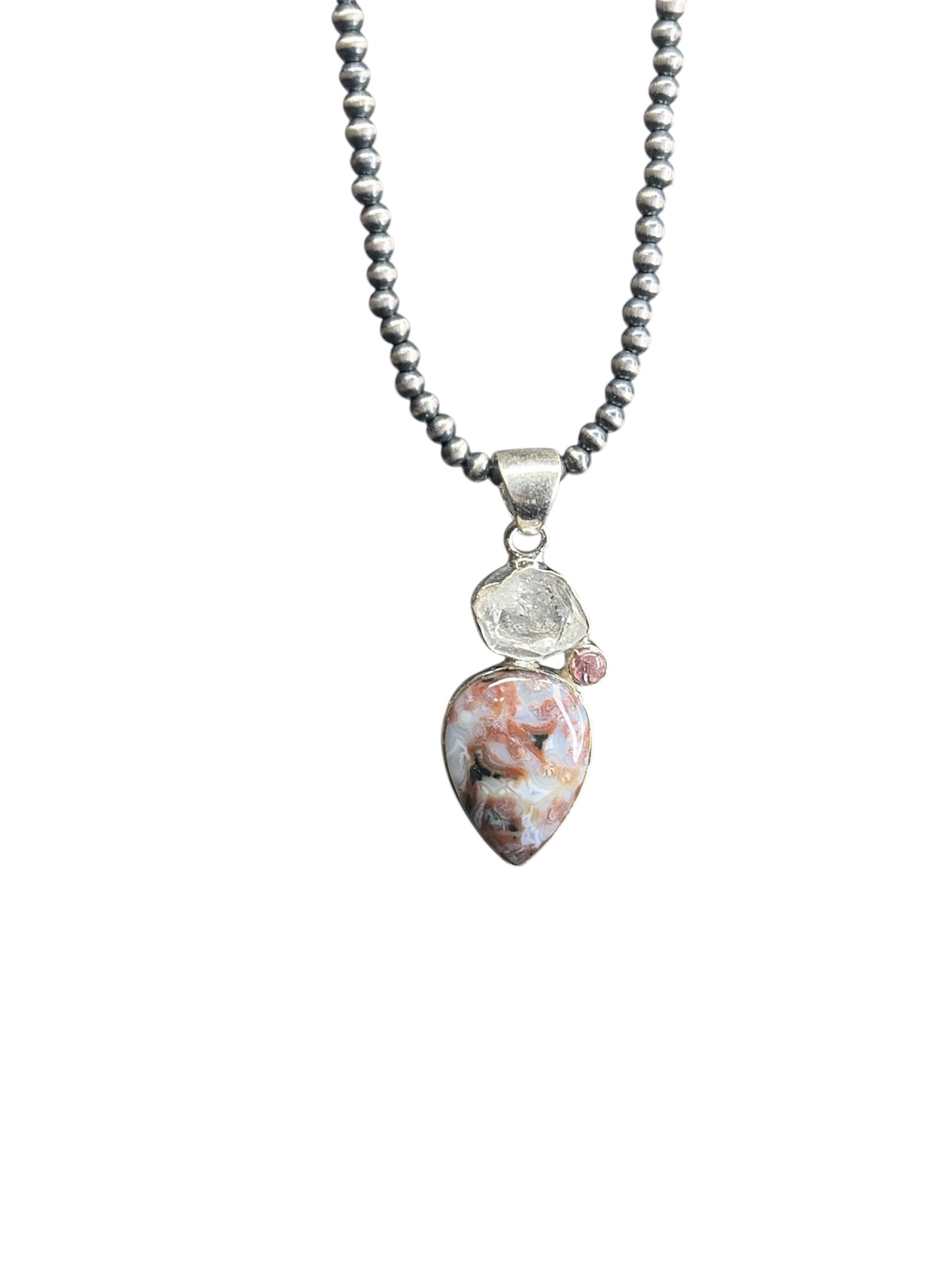 Crazy Lace Agate, Herkimer Diamond, Tourmaline Pendant