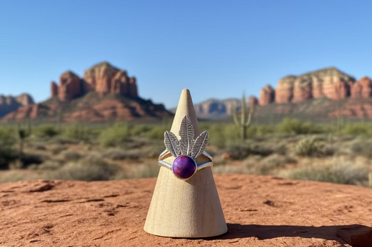 Purple Mojave Turquoise & Feather Ring - size 9