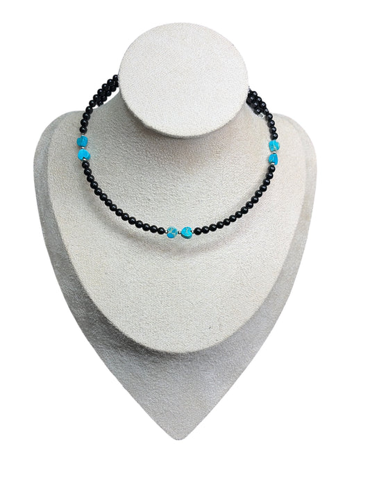 Hand-strung Black Onyx, Sea Sediment Jasper & Desert Pearl Memory Wire Necklace