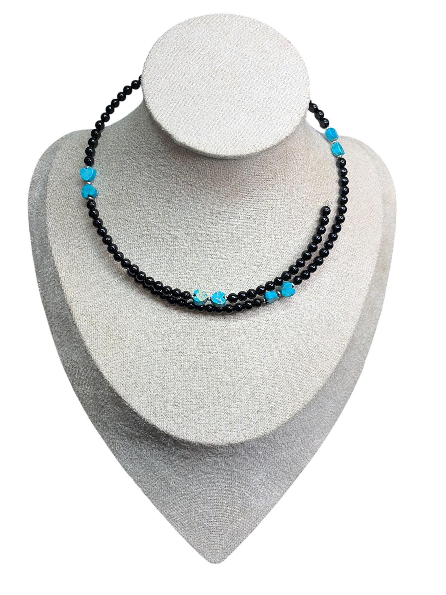 Hand-strung Black Onyx, Sea Sediment Jasper & Desert Pearl Memory Wire Necklace
