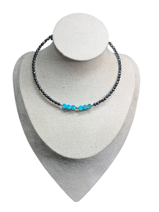 Hand-Strung Faceted Hematite, Sea Sediment Jasper & Desert Pearl Memory Wire Necklace