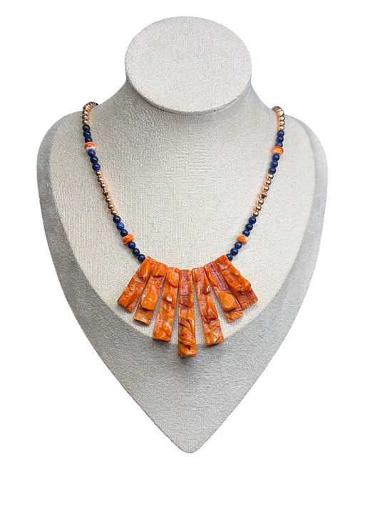 Orange Spiny, Lapis & Copper Statement Necklace