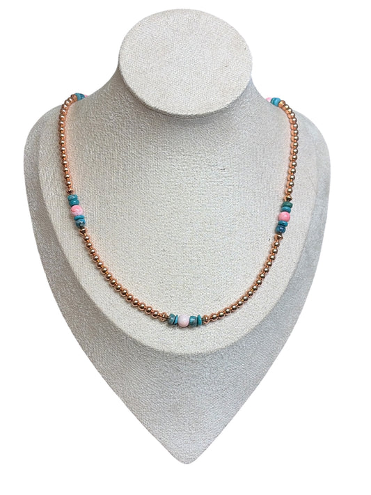 Copper, Pink Conch & Kingman Turquoise Necklace