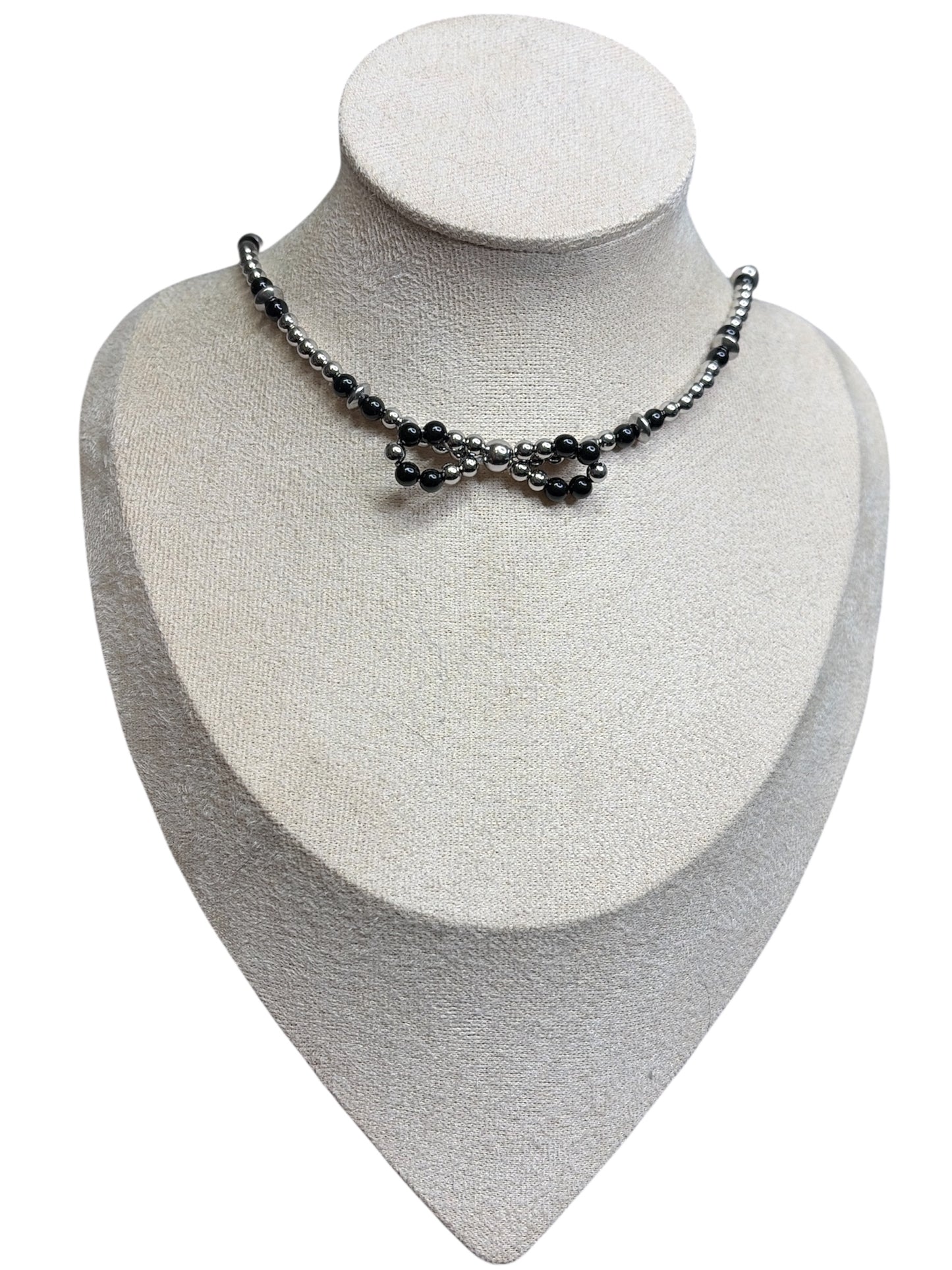 Stainless & Black Onyx Bow Necklace