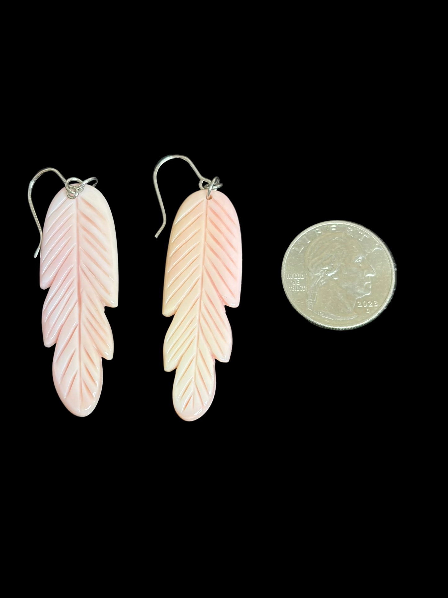 Carved Feather Pink Conch Earrings