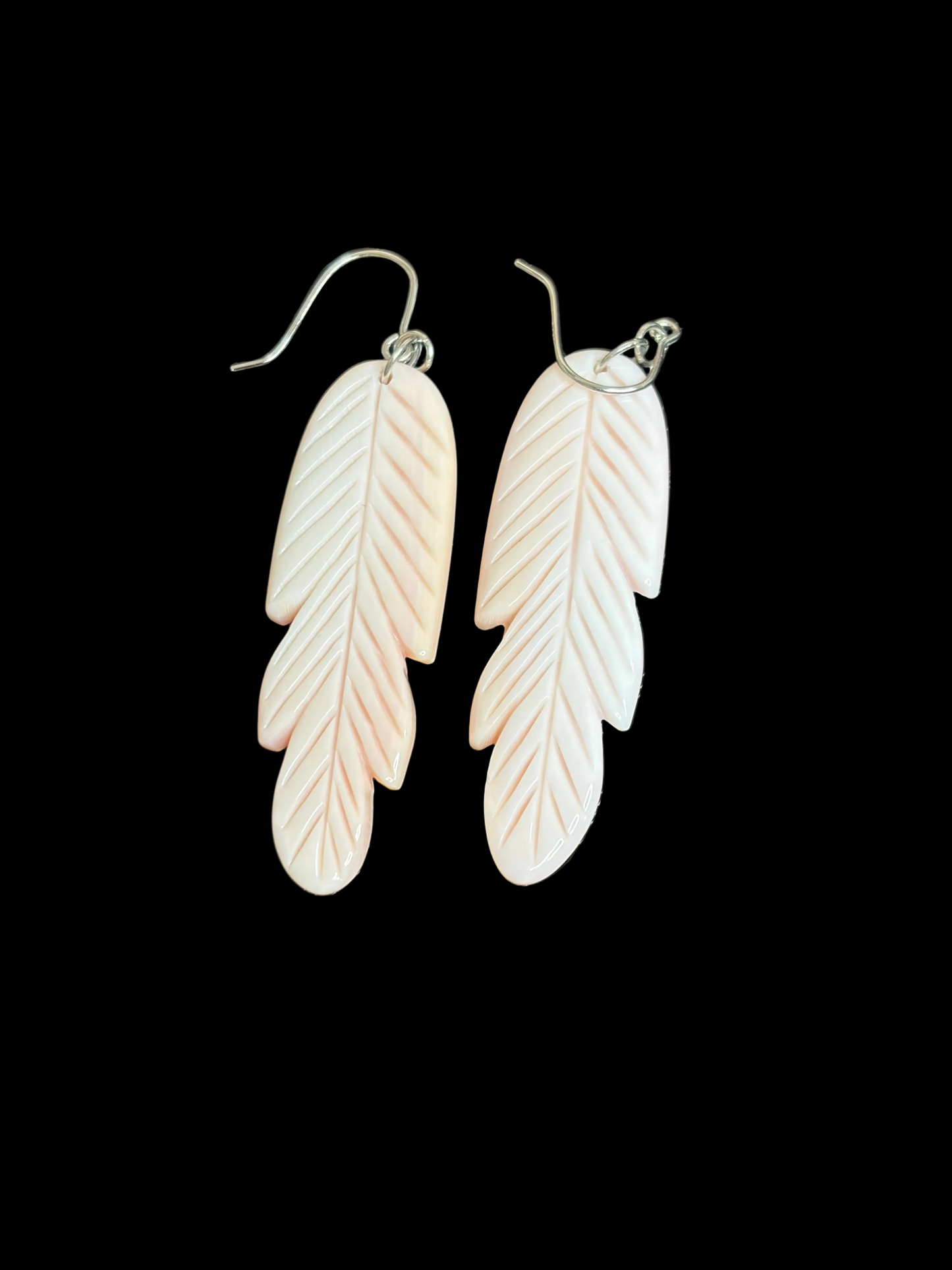 Carved Feather Pink Conch Earrings