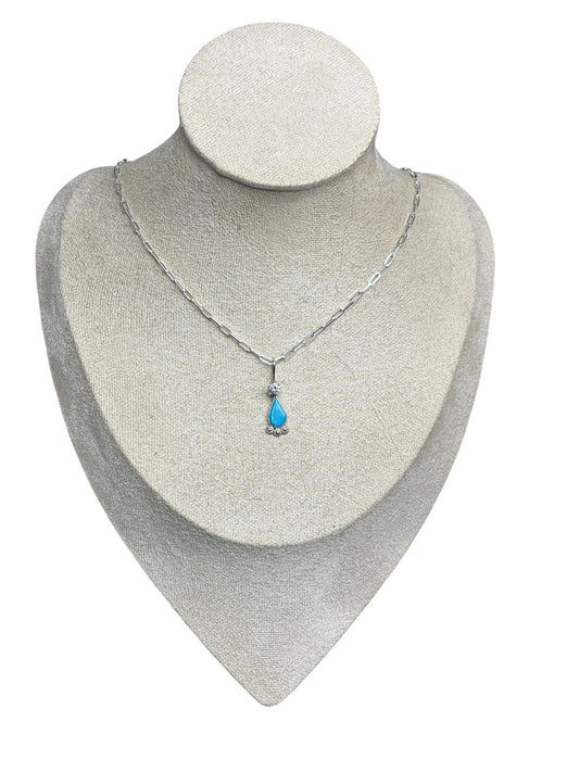 Zuni Signed Turquoise & CZ Pendant Necklace