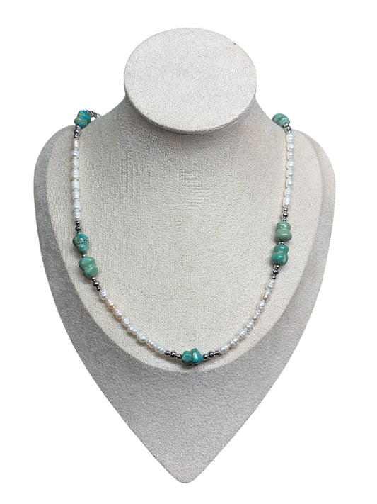White Fresh Water Pearl & Turquoise Necklace