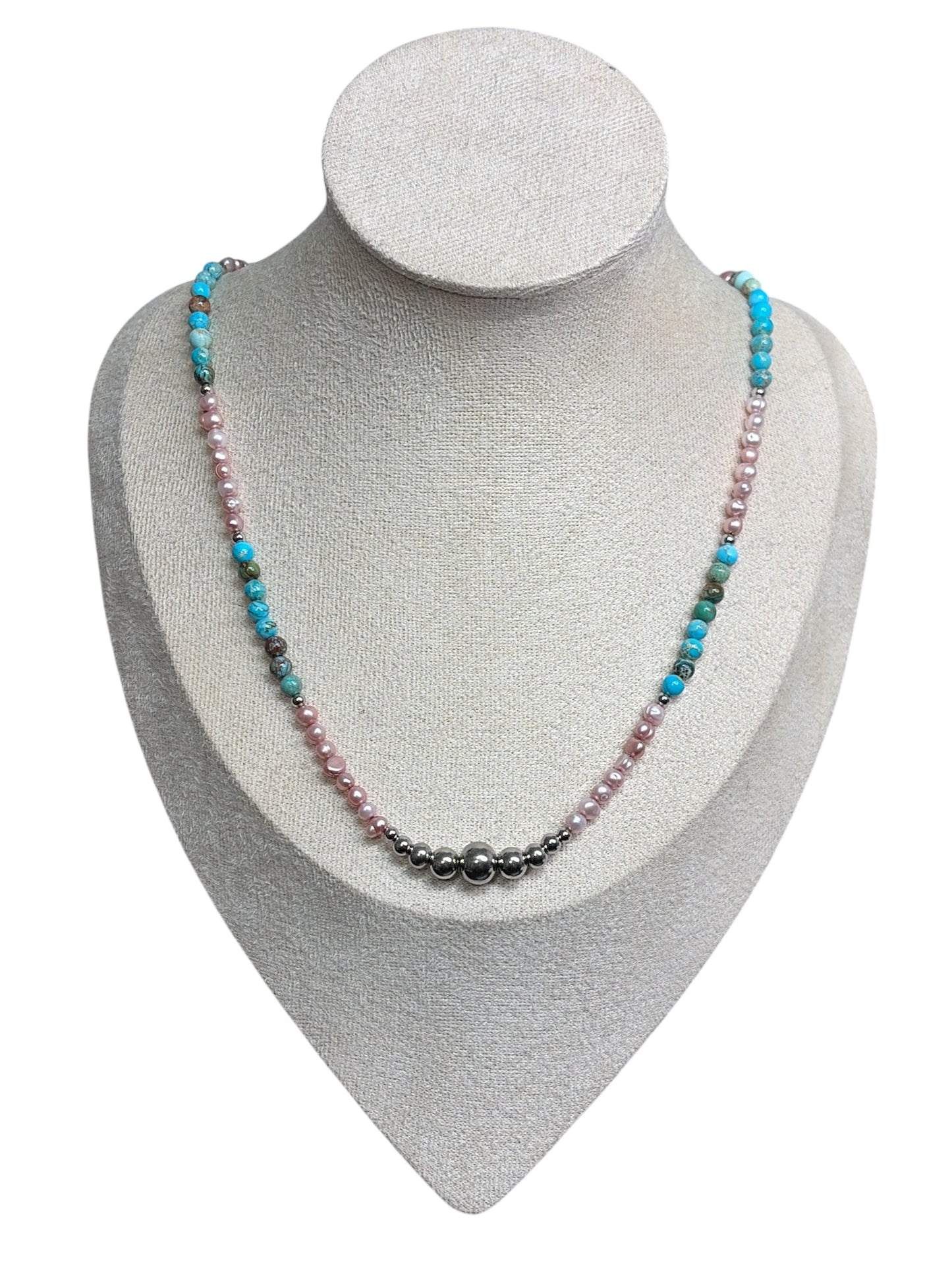Pink Fresh Water Pearls, Sea Sediment Jasper & Stainless Steel Pearl Necklace