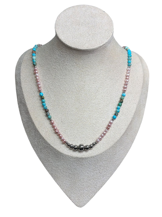 Pink Fresh Water Pearls, Sea Sediment Jasper & Stainless Steel Pearl Necklace
