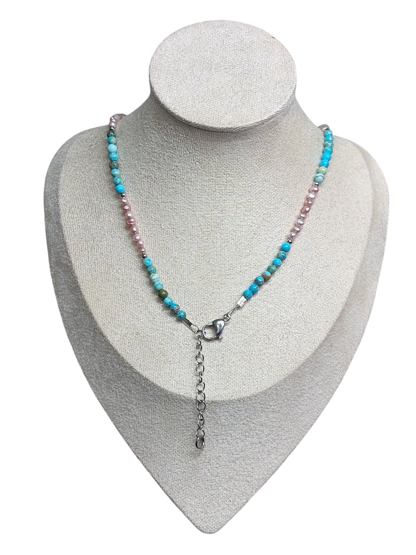 Pink Fresh Water Pearls, Sea Sediment Jasper & Stainless Steel Pearl Necklace