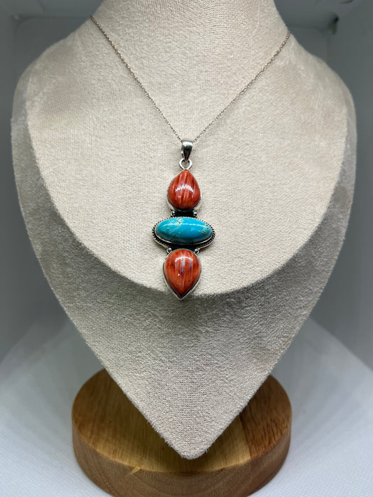 Turquoise & Red Spiny Oyster Sterling Silver Pendant