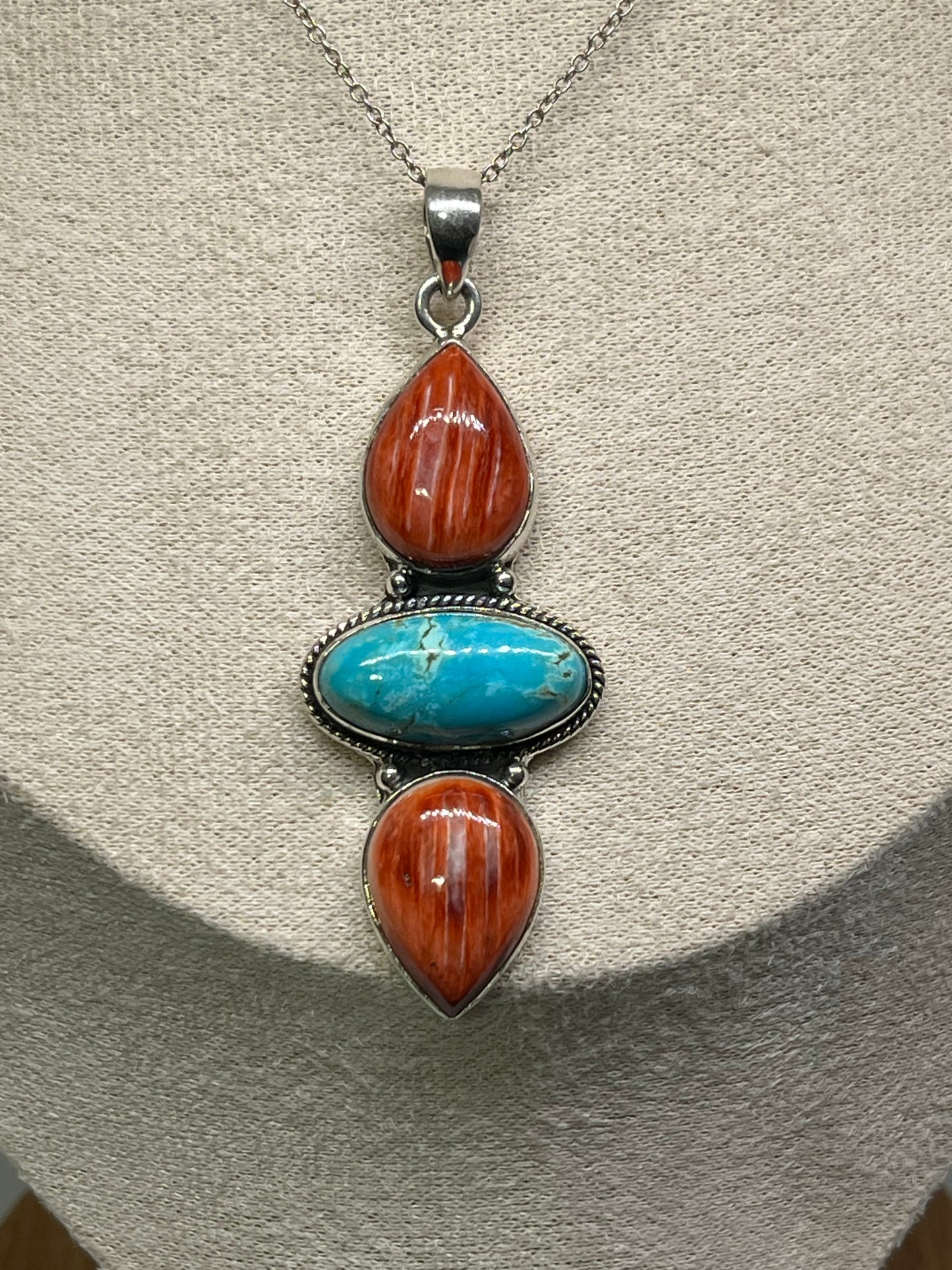 Turquoise & Red Spiny Oyster Sterling Silver Pendant