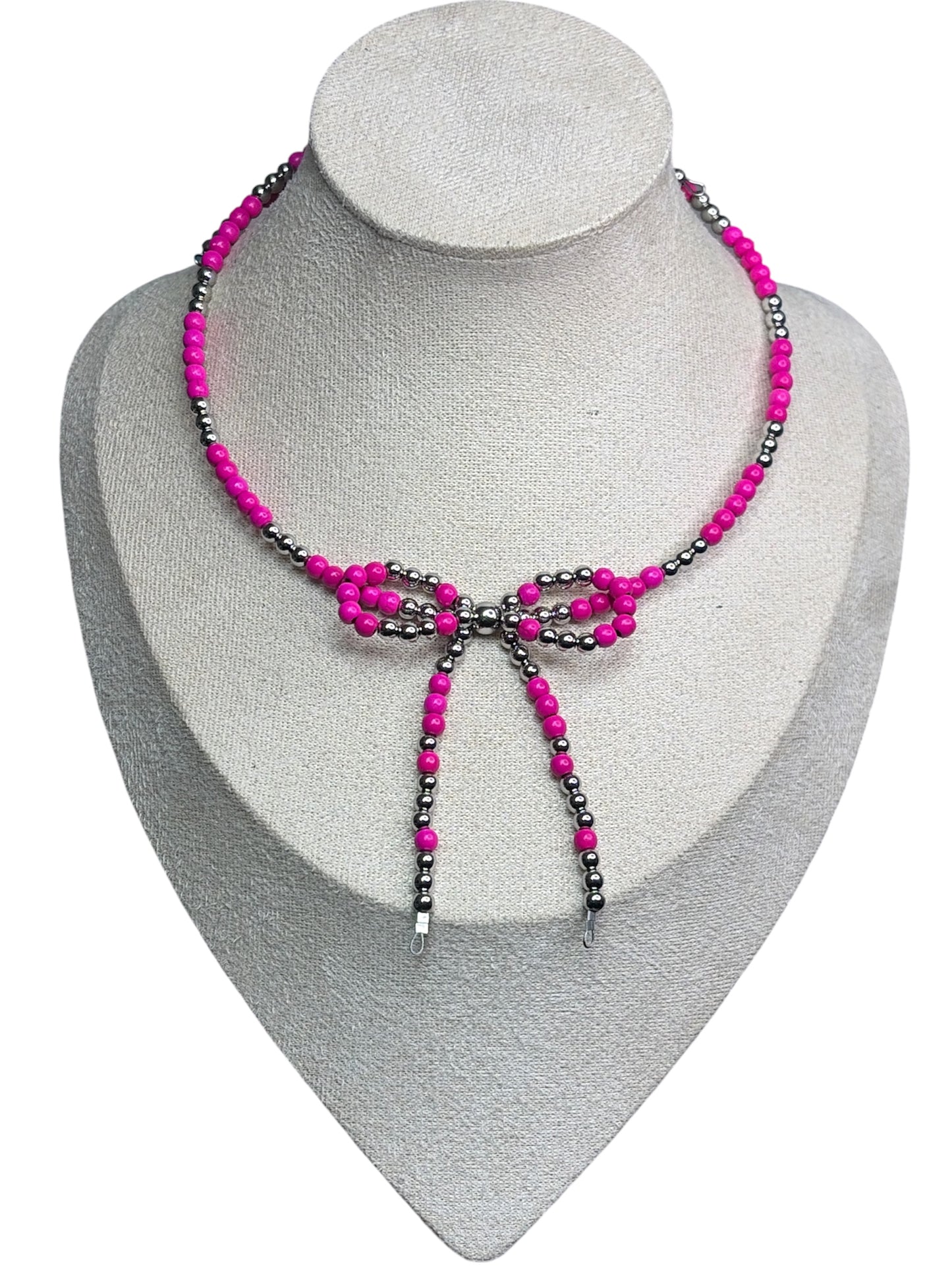 Pink Howlite & Stainless Bow Memory Wire Necklace