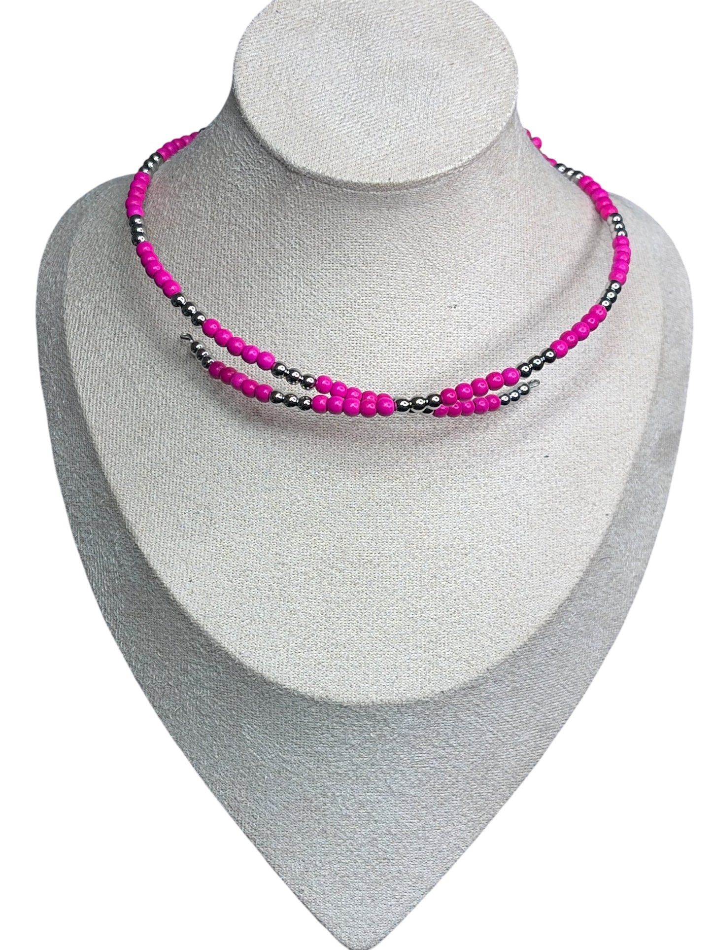 Pink Howlite & Stainless Bow Memory Wire Necklace