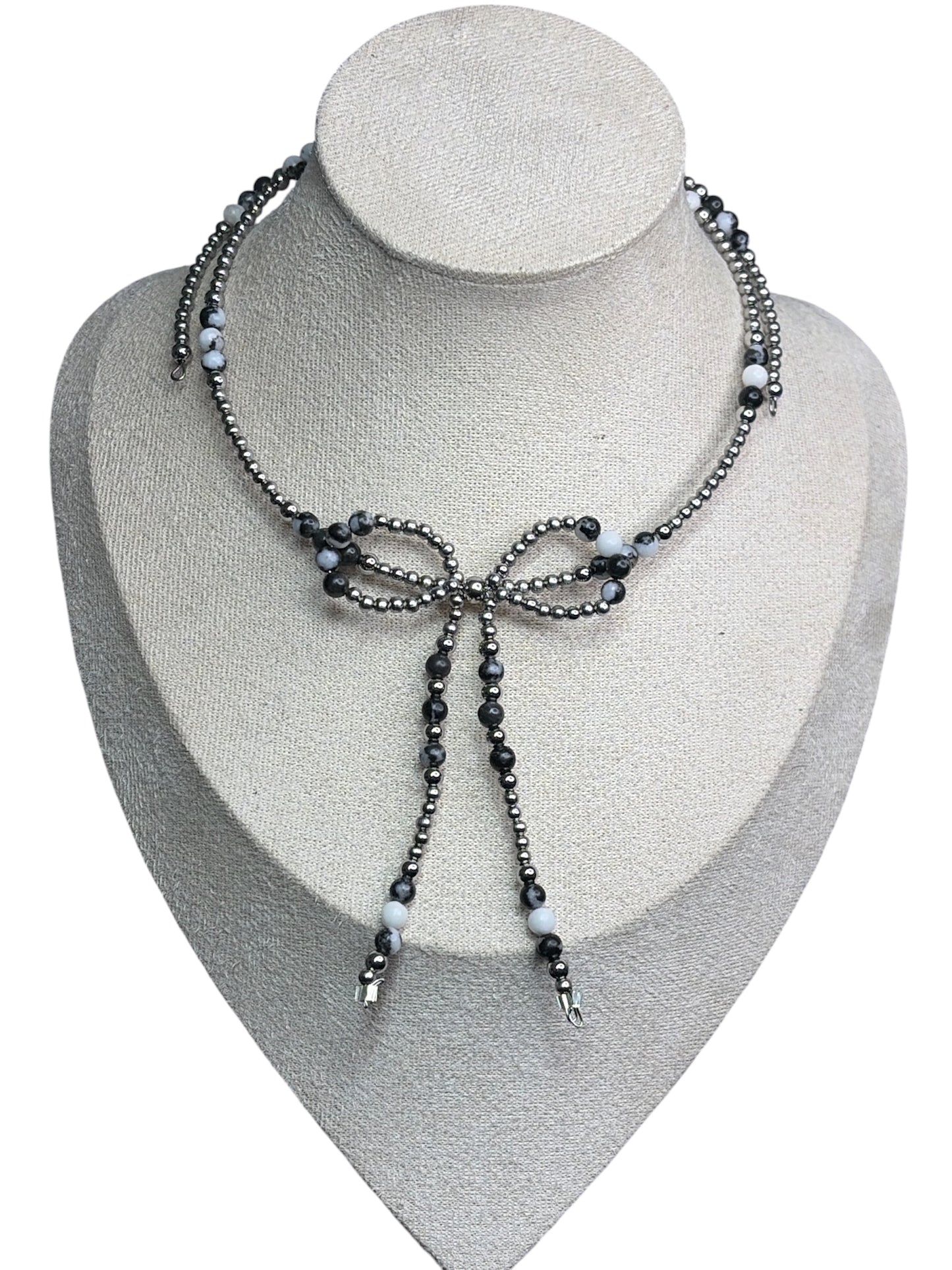 Zebra Jasper & Stainless Pearl Bow Memory Wire Necklace