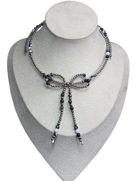 Zebra Jasper & Stainless Pearl Bow Memory Wire Necklace