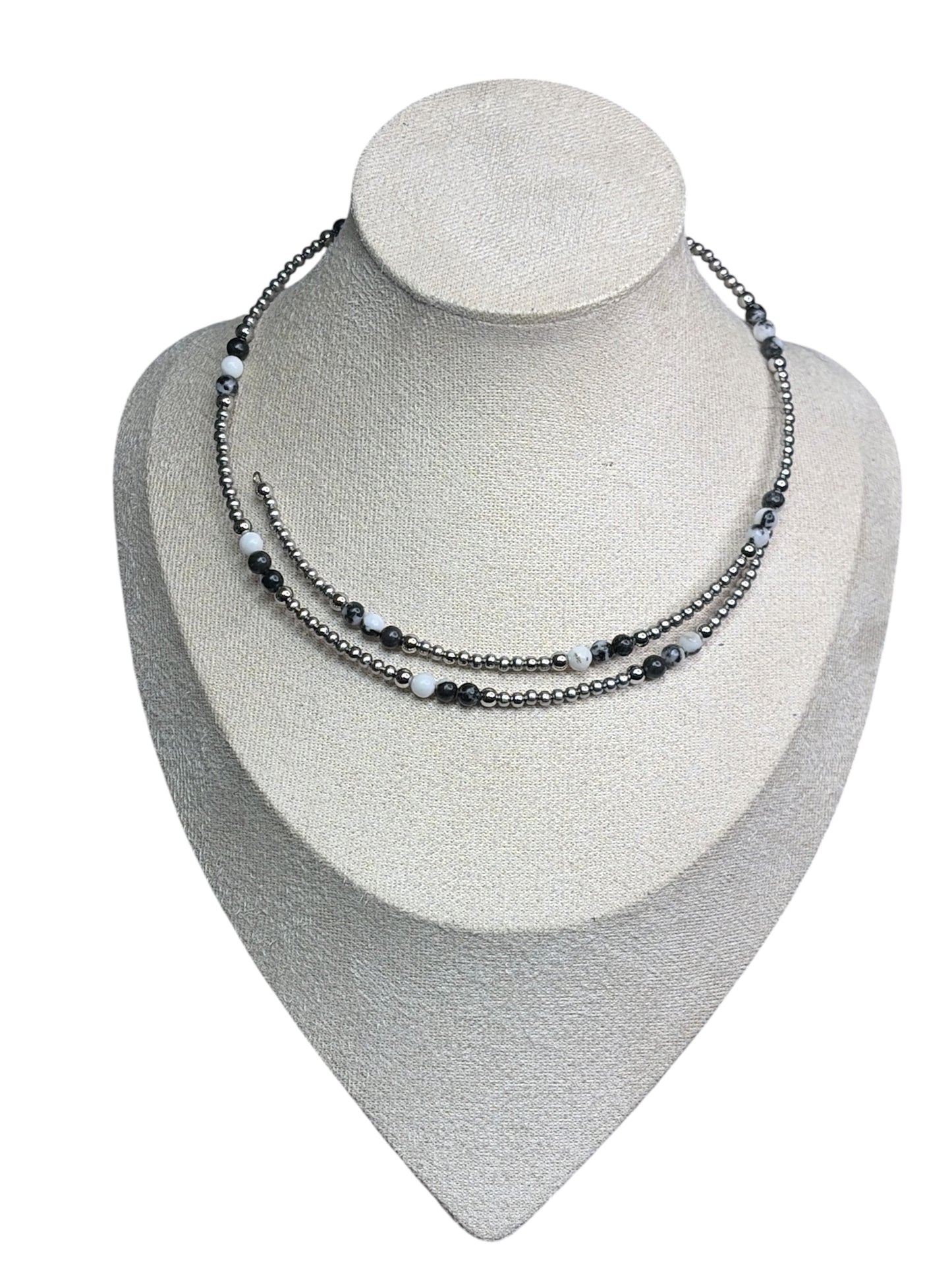 Zebra Jasper & Stainless Pearl Bow Memory Wire Necklace