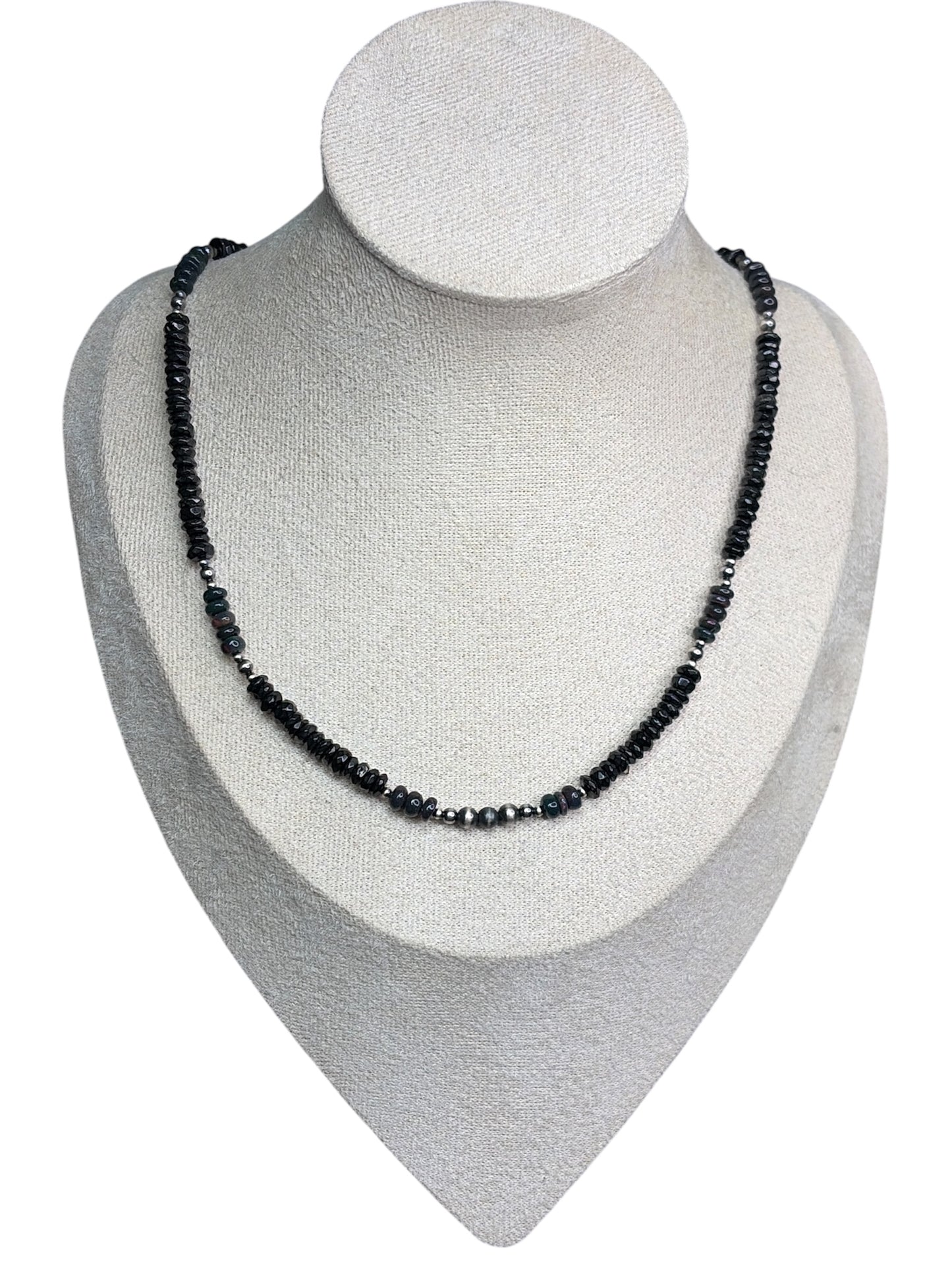 Black Onyx, Black Ethiopian Fire Opal & Sterling Pearl Necklace