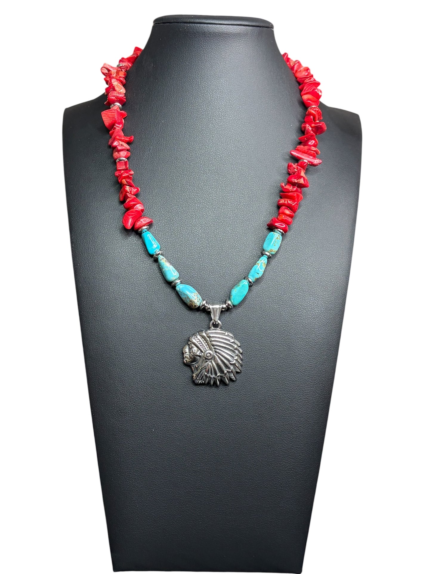 Coral & Turquoise Chief Head Necklace (stainless)